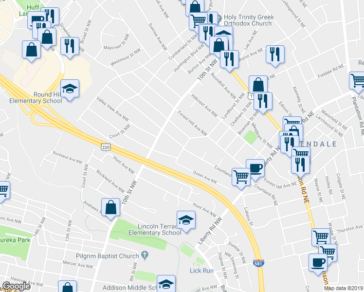 map of restaurants, bars, coffee shops, grocery stores, and more near 3211 Courtland Road Northwest in Roanoke