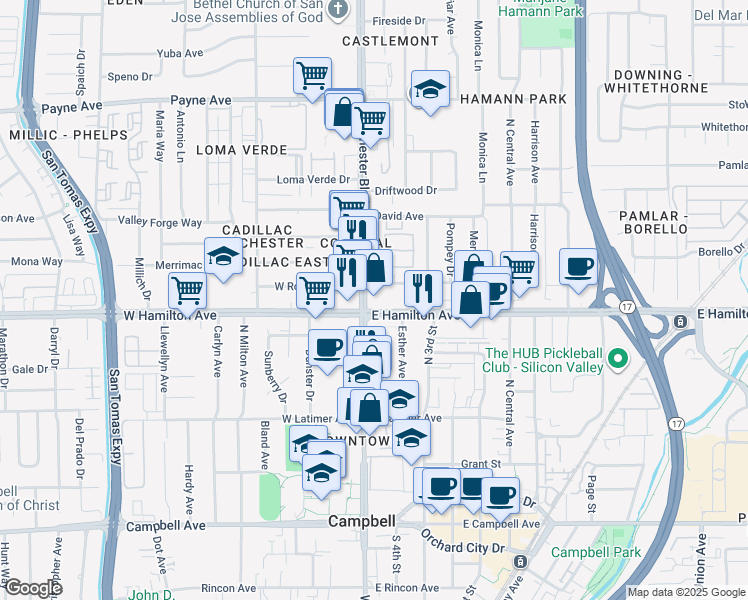 map of restaurants, bars, coffee shops, grocery stores, and more near in Campbell
