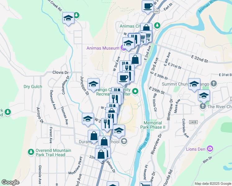 map of restaurants, bars, coffee shops, grocery stores, and more near 2701 Main Avenue in Durango