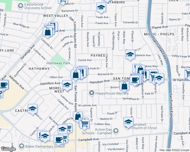 map of restaurants, bars, coffee shops, grocery stores, and more near 4056 Bismarck Drive in San Jose