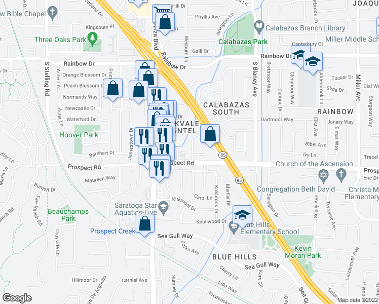 map of restaurants, bars, coffee shops, grocery stores, and more near 7157 Brisbane Court in San Jose