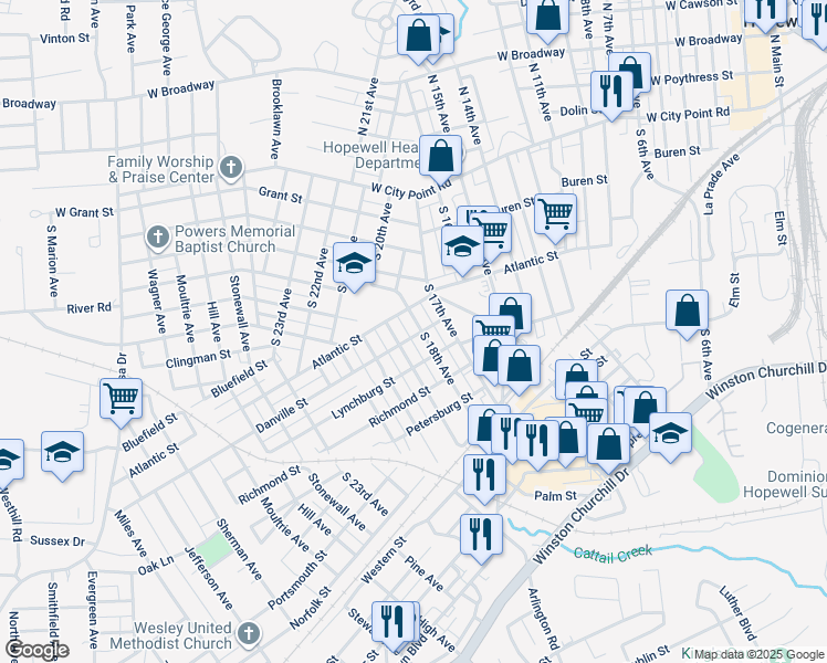 map of restaurants, bars, coffee shops, grocery stores, and more near 316 South 18th Avenue in Hopewell