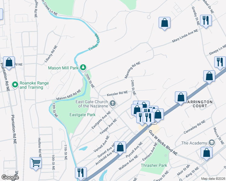map of restaurants, bars, coffee shops, grocery stores, and more near 2202 Kessler Road Northeast in Roanoke