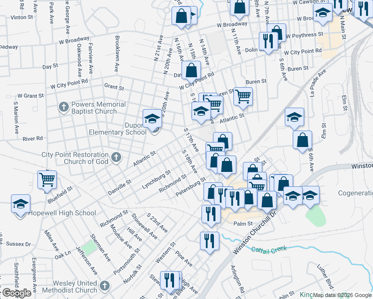 map of restaurants, bars, coffee shops, grocery stores, and more near 324 South 18th Avenue in Hopewell