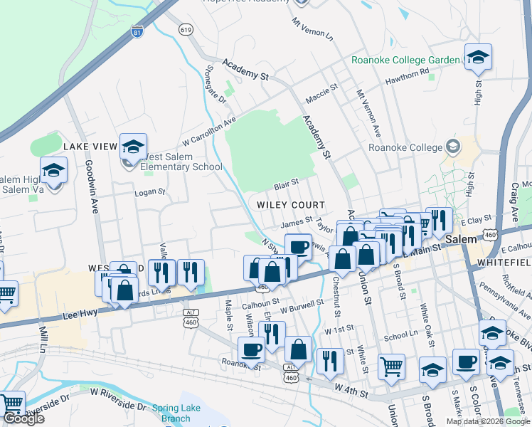 map of restaurants, bars, coffee shops, grocery stores, and more near 219 Locust Avenue in Salem