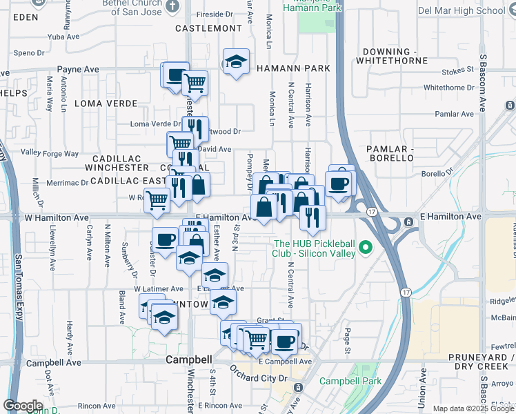 map of restaurants, bars, coffee shops, grocery stores, and more near 281 East Hamilton Avenue in Campbell