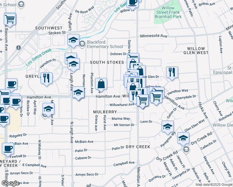 map of restaurants, bars, coffee shops, grocery stores, and more near 1777 Hamilton Avenue in San Jose