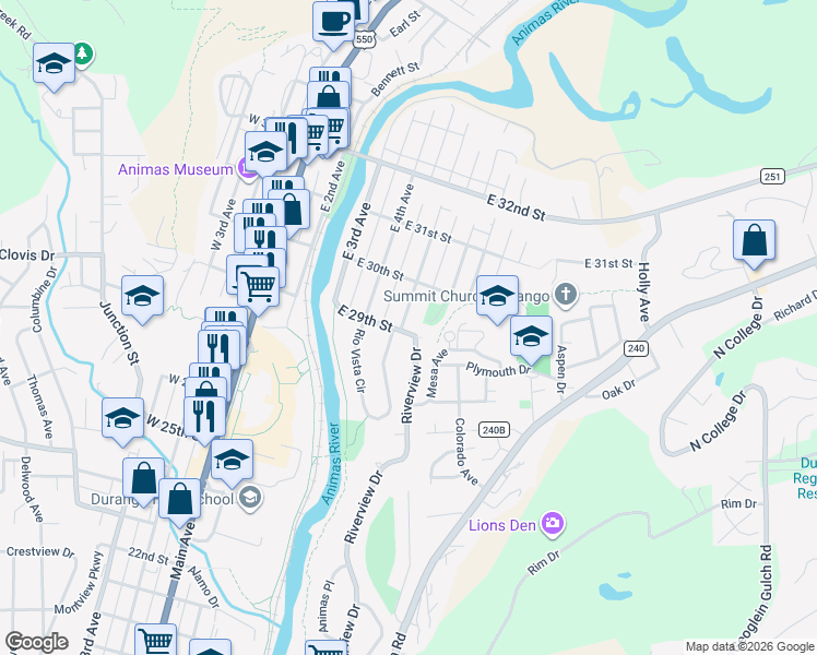 map of restaurants, bars, coffee shops, grocery stores, and more near 242 Riverview Drive in Durango