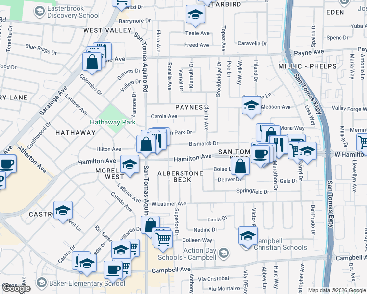 map of restaurants, bars, coffee shops, grocery stores, and more near 4056 Bismarck Drive in San Jose