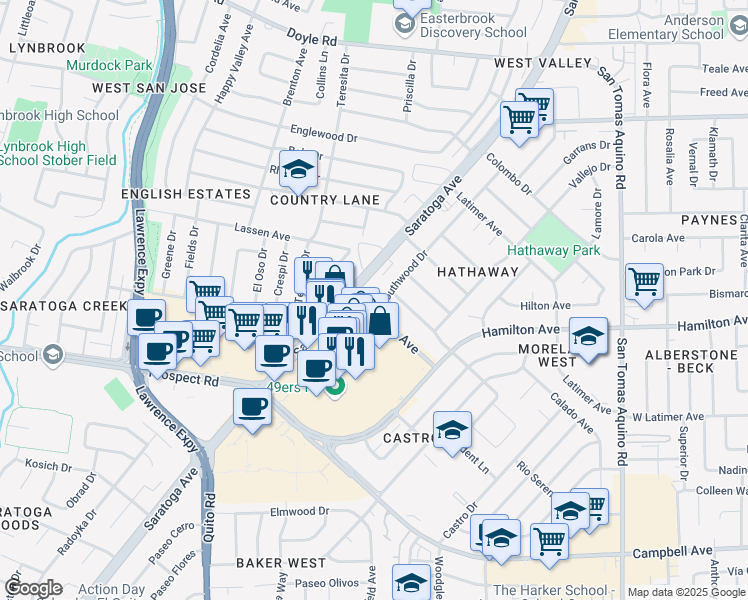 map of restaurants, bars, coffee shops, grocery stores, and more near 4842-4872 Atherton Avenue in San Jose