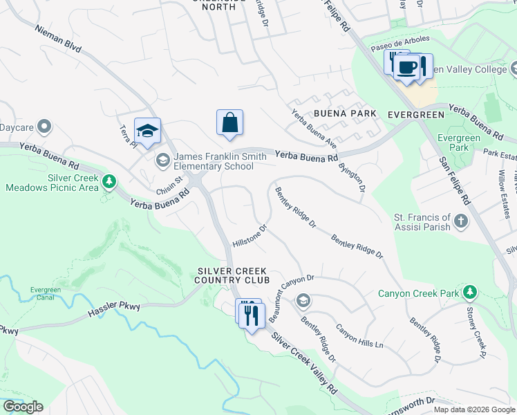 map of restaurants, bars, coffee shops, grocery stores, and more near 2138 Shadow Ridge Way in San Jose