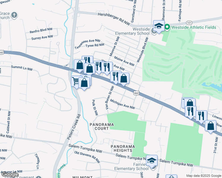 map of restaurants, bars, coffee shops, grocery stores, and more near 4003 Dakota Avenue Northwest in Roanoke