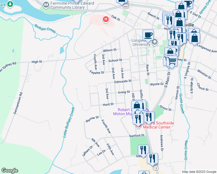 map of restaurants, bars, coffee shops, grocery stores, and more near 604 3rd Avenue in Farmville