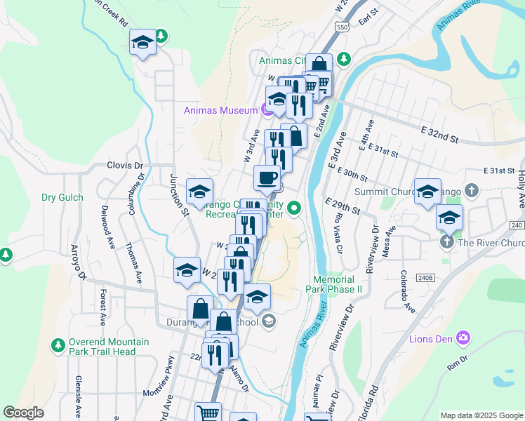 map of restaurants, bars, coffee shops, grocery stores, and more near 2701 Main Avenue in Durango