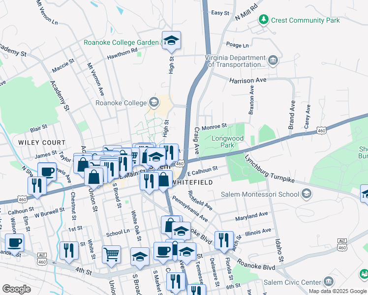 map of restaurants, bars, coffee shops, grocery stores, and more near 515 East Clay Street in Salem