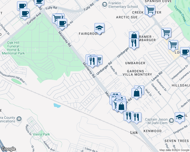 map of restaurants, bars, coffee shops, grocery stores, and more near Monterey Rd & Umbarger Rd in San Jose