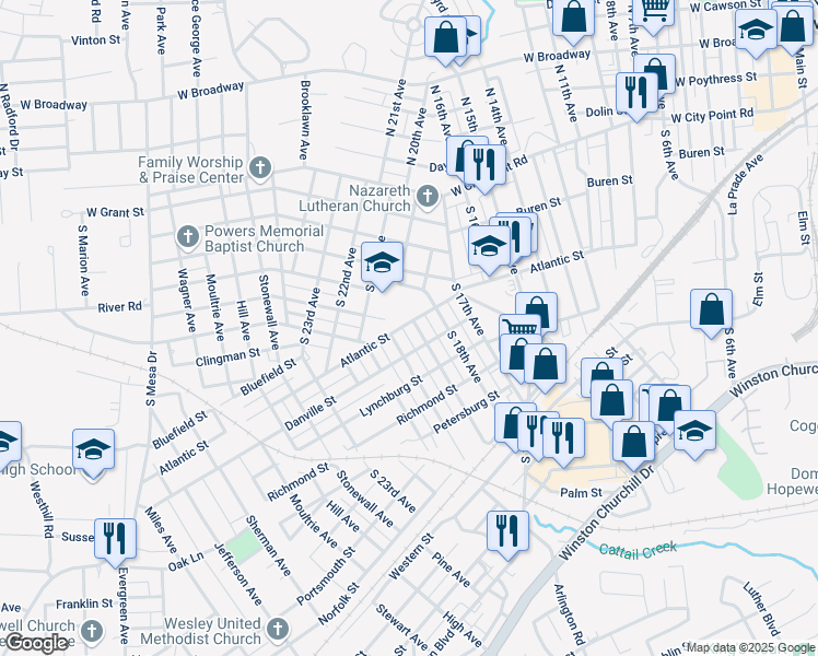 map of restaurants, bars, coffee shops, grocery stores, and more near 308 South 19th Avenue in Hopewell