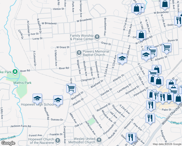 map of restaurants, bars, coffee shops, grocery stores, and more near 2716 Pickett Street in Hopewell