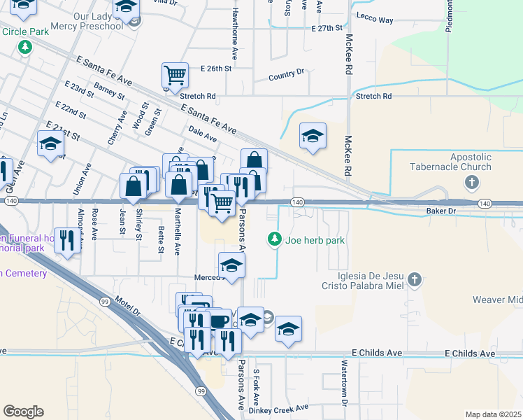 map of restaurants, bars, coffee shops, grocery stores, and more near 2040 Yosemite Parkway in Merced