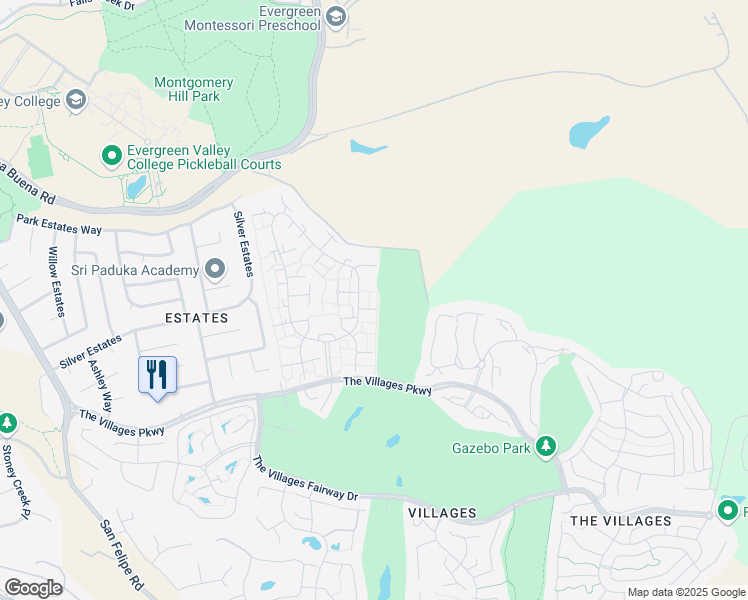 map of restaurants, bars, coffee shops, grocery stores, and more near 5080 Cribari Bluff in San Jose