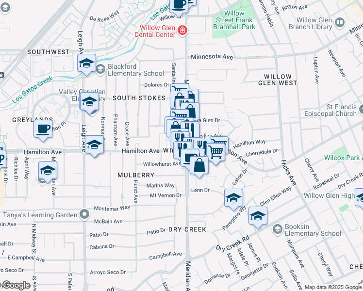 map of restaurants, bars, coffee shops, grocery stores, and more near 1597 Meridian Avenue in San Jose