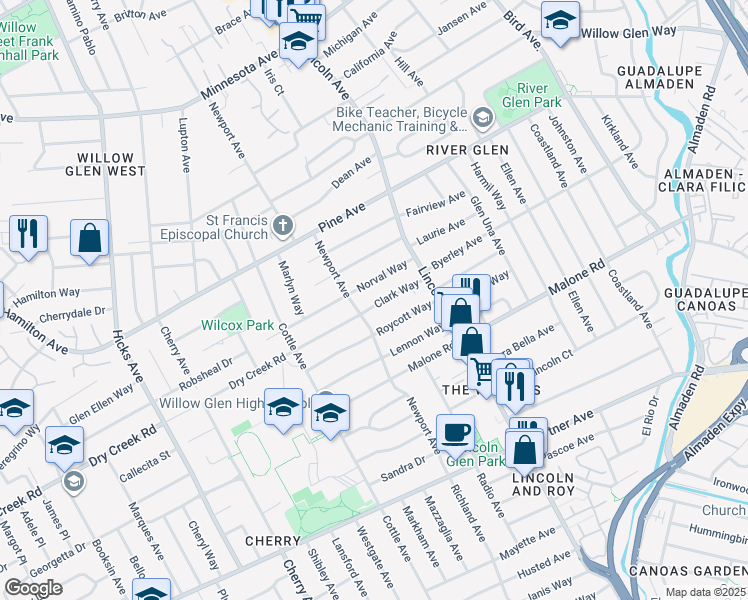 map of restaurants, bars, coffee shops, grocery stores, and more near 1175 Clark Way in San Jose