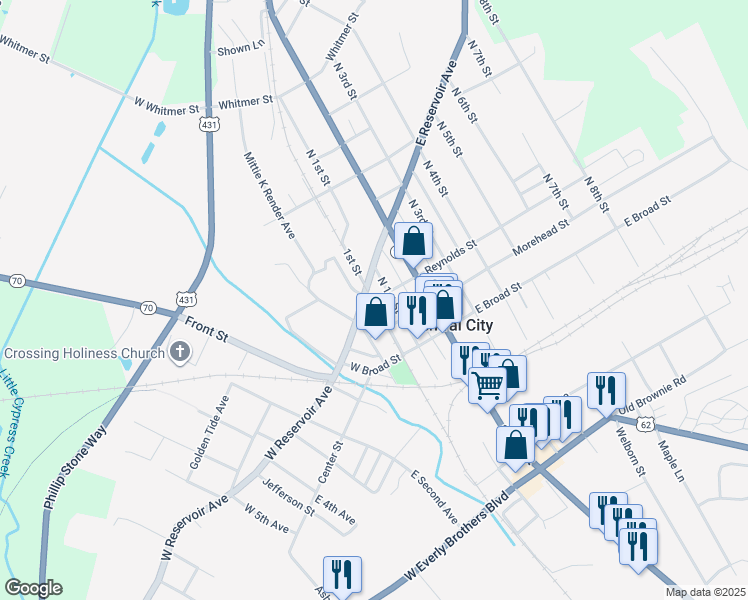 map of restaurants, bars, coffee shops, grocery stores, and more near in Central City