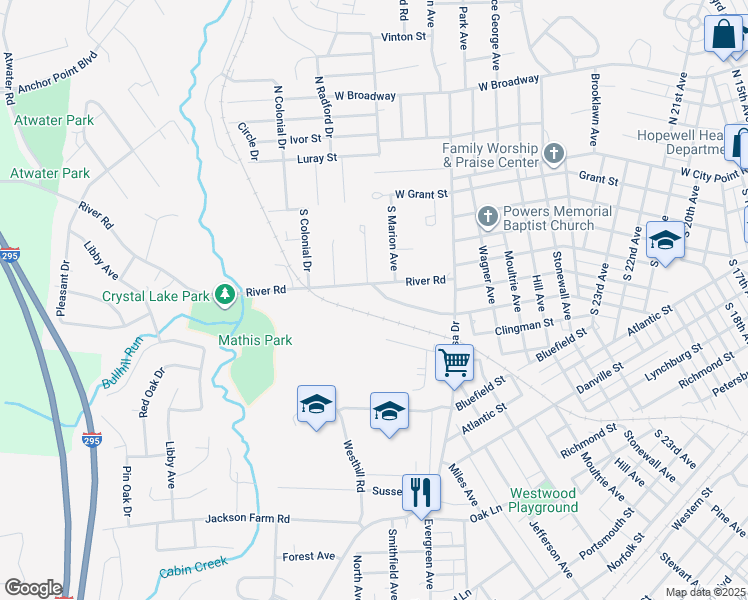 map of restaurants, bars, coffee shops, grocery stores, and more near 3028 Pickett Street in Hopewell