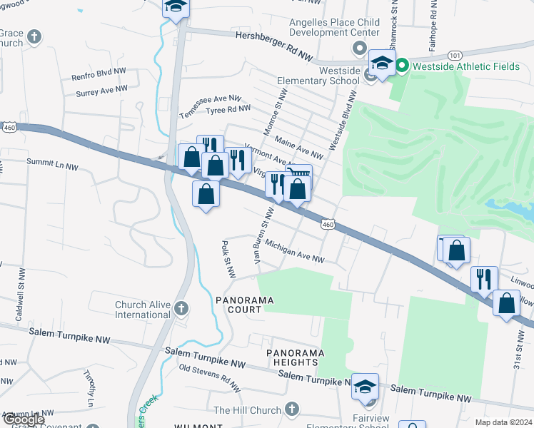 map of restaurants, bars, coffee shops, grocery stores, and more near 4003 Dakota Avenue Northwest in Roanoke