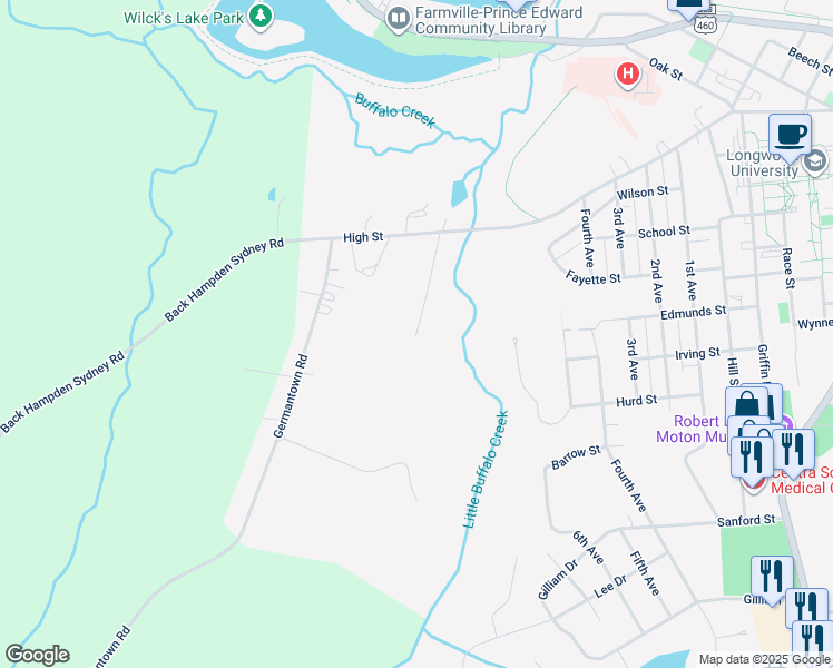 map of restaurants, bars, coffee shops, grocery stores, and more near 210 Buffaloe Lane in Farmville