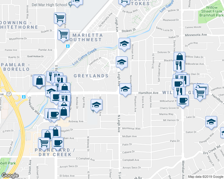 map of restaurants, bars, coffee shops, grocery stores, and more near 1728 Braddock Court in San Jose