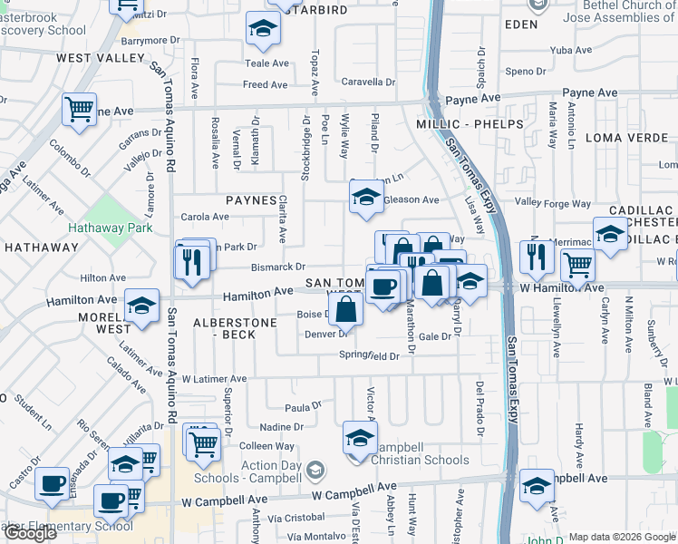 map of restaurants, bars, coffee shops, grocery stores, and more near 1111 West Hamilton Avenue in Campbell