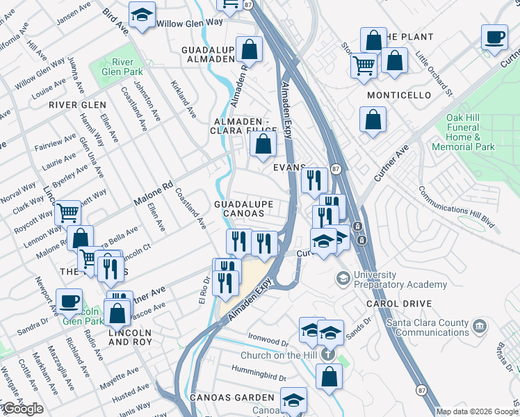 map of restaurants, bars, coffee shops, grocery stores, and more near 2150 Almaden Road in San Jose