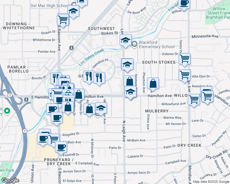 map of restaurants, bars, coffee shops, grocery stores, and more near 1711 Braddock Court in San Jose