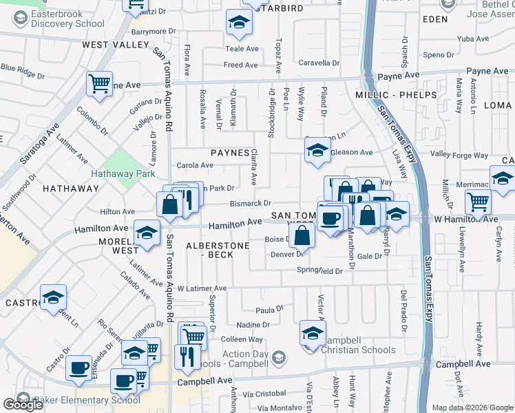 map of restaurants, bars, coffee shops, grocery stores, and more near 3903 Hamilton Avenue in San Jose
