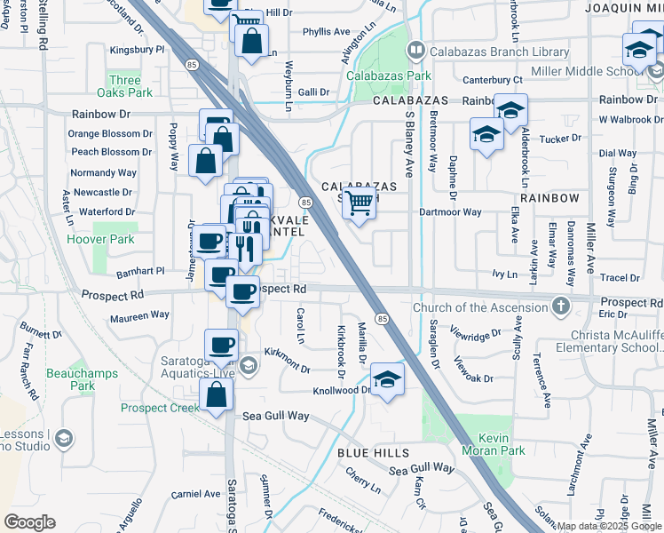 map of restaurants, bars, coffee shops, grocery stores, and more near 1525 Brookvale Drive in San Jose