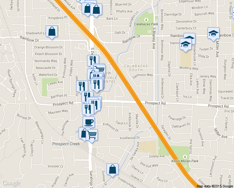 map of restaurants, bars, coffee shops, grocery stores, and more near 7157 Brisbane Court in San Jose