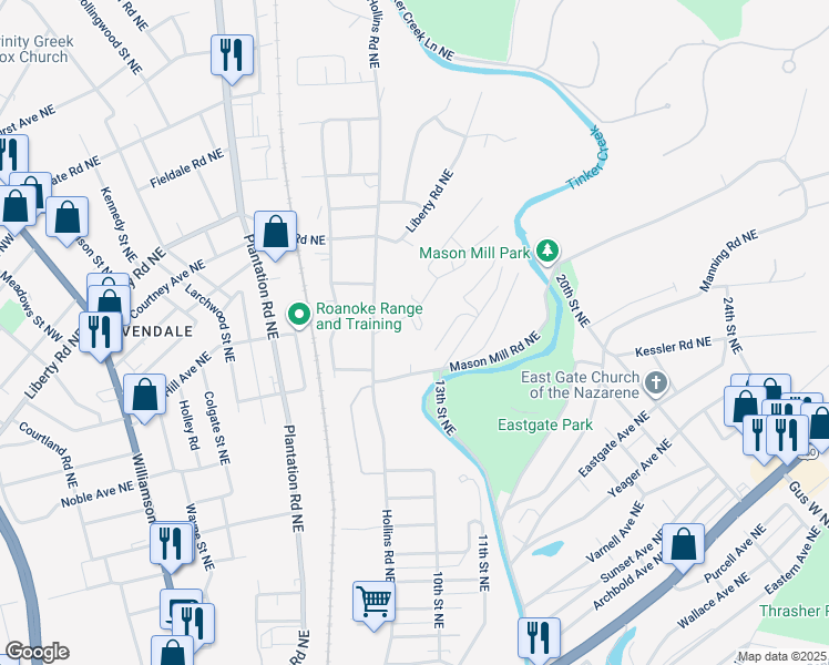 map of restaurants, bars, coffee shops, grocery stores, and more near 2321 Shull Rd NE in Roanoke