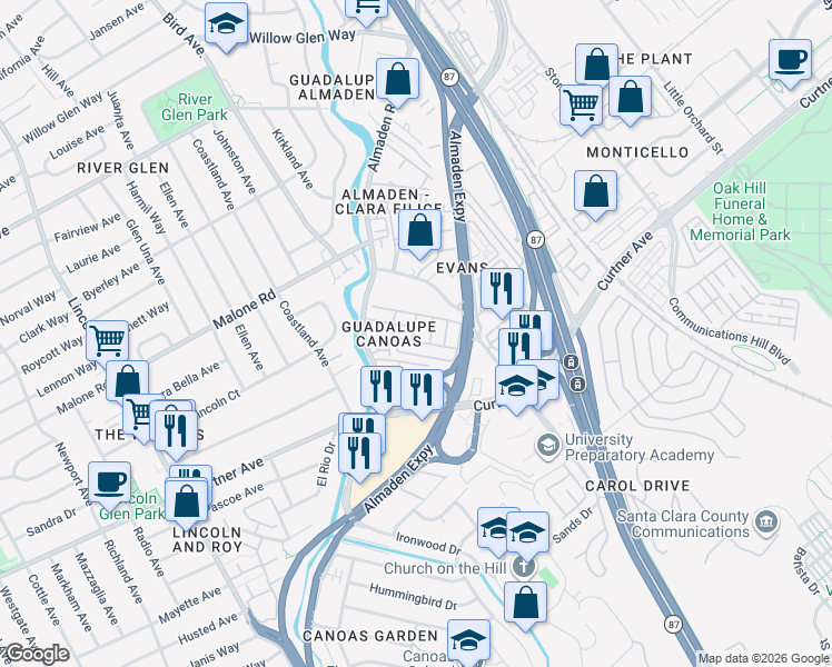 map of restaurants, bars, coffee shops, grocery stores, and more near 2150 Almaden Road in San Jose