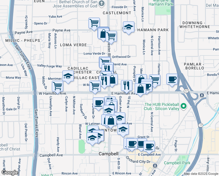map of restaurants, bars, coffee shops, grocery stores, and more near 1600 Winchester Boulevard in Campbell
