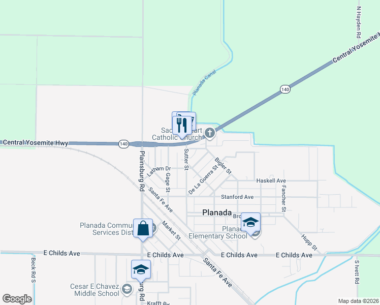 map of restaurants, bars, coffee shops, grocery stores, and more near 478 Sutter Street in Planada