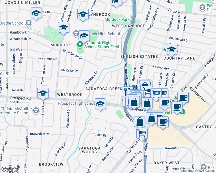 map of restaurants, bars, coffee shops, grocery stores, and more near 1601 Petersen Avenue in San Jose