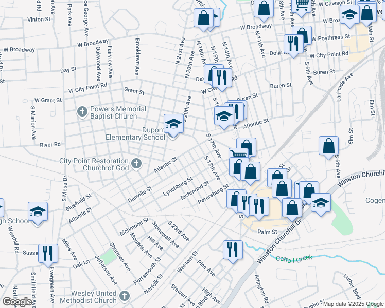 map of restaurants, bars, coffee shops, grocery stores, and more near 1806 Atlantic Street in Hopewell