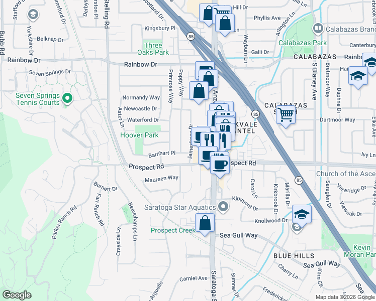 map of restaurants, bars, coffee shops, grocery stores, and more near 1641 James Town Drive in Cupertino