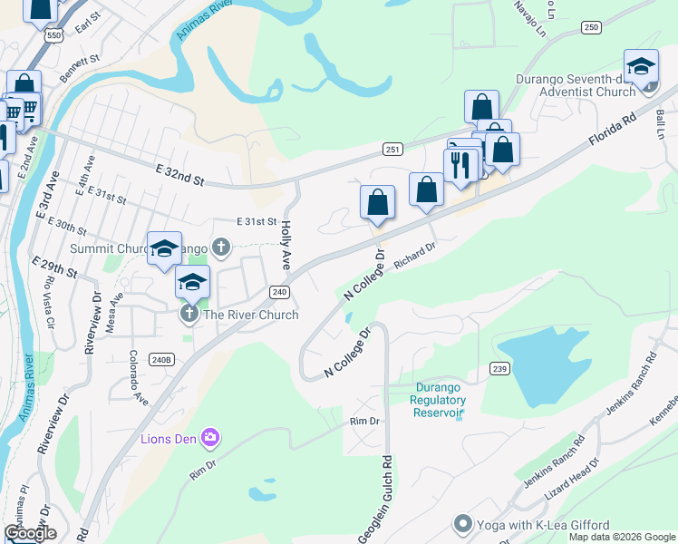 map of restaurants, bars, coffee shops, grocery stores, and more near 18 Maple Drive in Durango