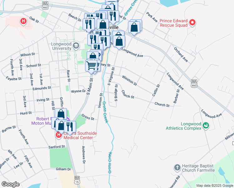 map of restaurants, bars, coffee shops, grocery stores, and more near 506 South Bridge Street in Farmville