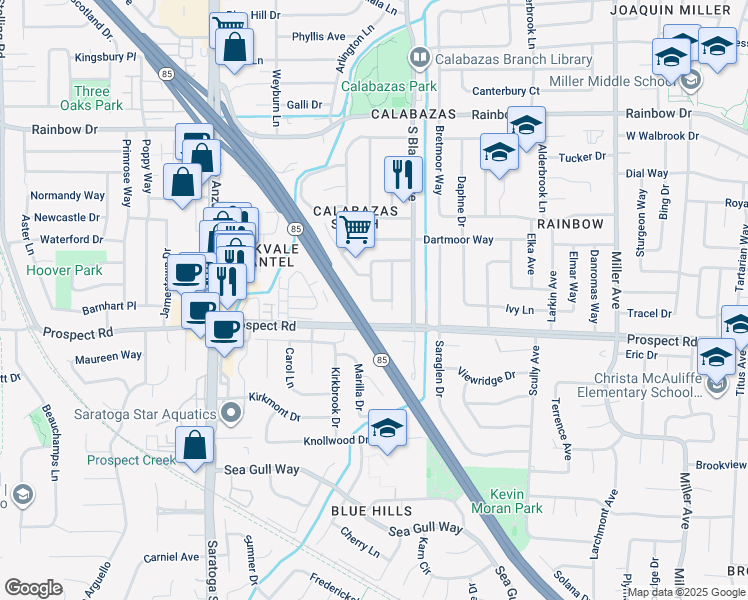 map of restaurants, bars, coffee shops, grocery stores, and more near Rutherford Avenue in San Jose