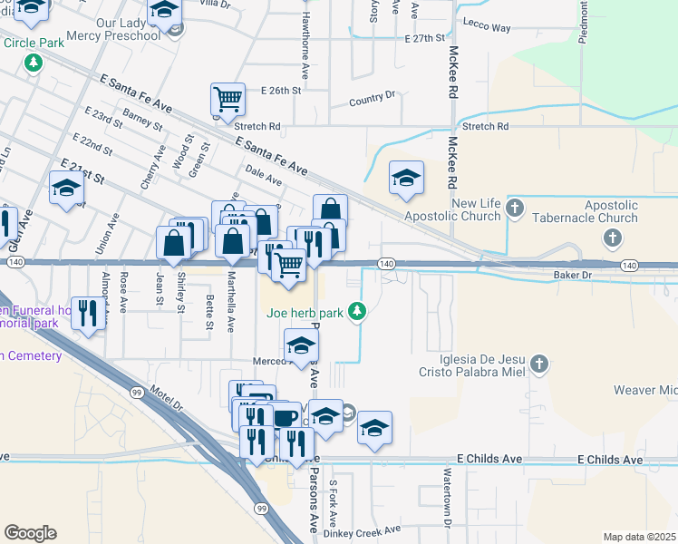 map of restaurants, bars, coffee shops, grocery stores, and more near 2040 Yosemite Parkway in Merced