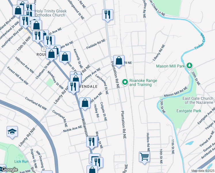 map of restaurants, bars, coffee shops, grocery stores, and more near 2211 Larchwood Street Northeast in Roanoke