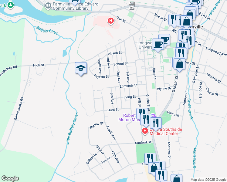 map of restaurants, bars, coffee shops, grocery stores, and more near 604 3rd Avenue in Farmville